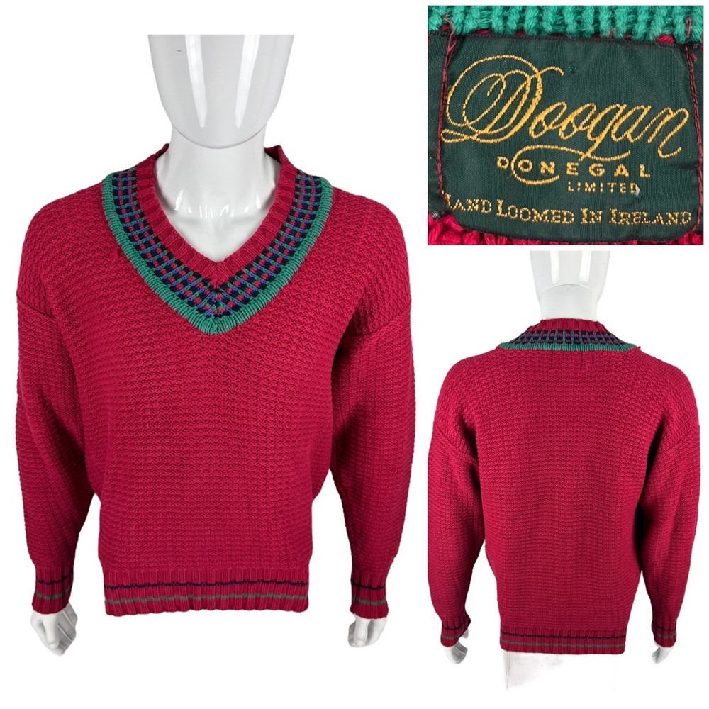 Doogan Donegal Limited Mens Large Sweater Red Combed Cotton Tennis Ireland Knit